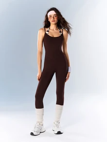 VARSIVA Women Sports Gym Activewear Striped Patchwork Backless Slim Fit Athletic Modest Sporty Athleisure Jumpsuit Dark Brown Fall - Multicolor - View 8
