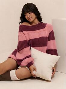 CovetEZ Autumn/Winter Halloween Burgundy Colorblock Striped Casual Plus Size Pullover Sweater Vacation Home Wear 1920s Traditional - Pink - View 1