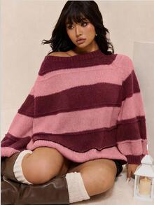 CovetEZ Autumn/Winter Halloween Burgundy Colorblock Striped Casual Plus Size Pullover Sweater Vacation Home Wear 1920s Traditional - Pink - View 7