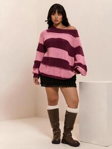 CovetEZ Autumn/Winter Halloween Burgundy Colorblock Striped Casual Plus Size Pullover Sweater Vacation Home Wear 1920s Traditional - Pink - View 6