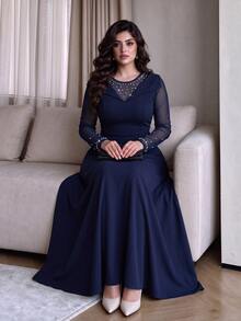 Modelyn Elegant Pearl Decor Round Neck Long Sleeve Cinched Waist A-Line Regular Fit Plus Size Dress, Suitable For Banquet, Wedding, Teacher's Day - Navy Blue - View 1