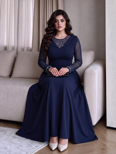 Modelyn Elegant Pearl Decor Round Neck Long Sleeve Cinched Waist A-Line Regular Fit Plus Size Dress, Suitable For Banquet, Wedding, Teacher's Day