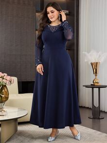 Modelyn Elegant Pearl Decor Round Neck Long Sleeve Cinched Waist A-Line Regular Fit Plus Size Dress, Suitable For Banquet, Wedding, Teacher's Day - Navy Blue - View 4