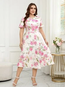 Reflora Plus Size Women's White Floral Summer Bridal Elegant Wedding Evening Wedding Guest Bride Dress Short Sleeve Mid-Length Graduation Party Outfits - Multicolor - View 6