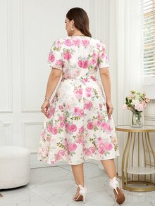 Reflora Plus Size Women's White Floral Summer Bridal Elegant Wedding Evening Wedding Guest Bride Dress Short Sleeve Mid-Length Graduation Party Outfits - Multicolor - View 3