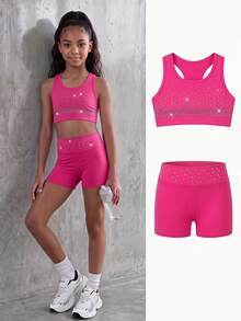 Tween Girls Active Top Shorts Set, Hot Pink High Stretch Shiny Crystals Activewear Rose, Gymnastics, Dance Training, Fall, Gym Cute Workout Athletic - Hot Pink - View 2
