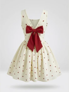 SHEIN Tween Girls Fashion Casual Woven Cherry Print Red Bow Sleeveless Dress - Multicolor - View 2