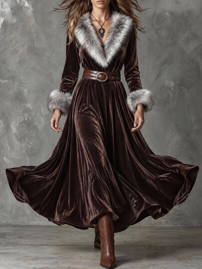 Solivie Women's Autumn/Winter Patchwork Fur Collar Coffee Color Velvet Dress Elegant Party Dresses For Women Casual Dresses