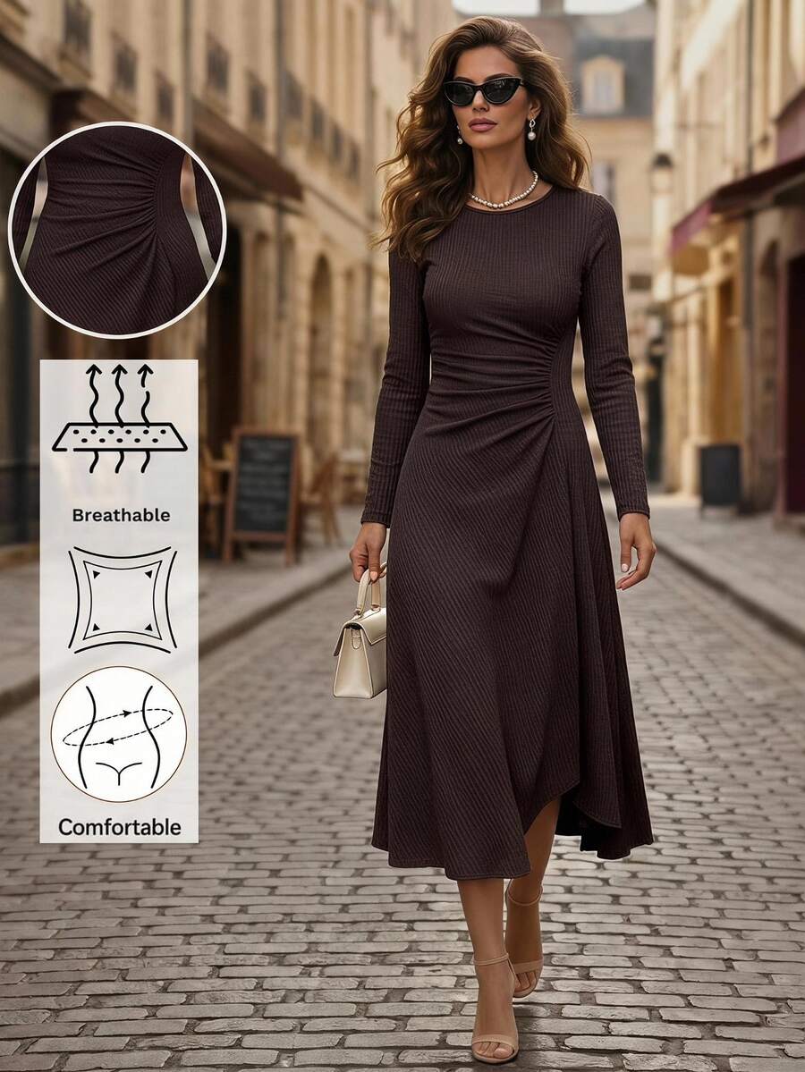 Reflora Plus Size Women's Solid Color Round Neck Long Sleeve Ruched Waist Dress - Brown - View 1