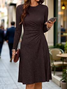 Reflora Plus Size Women's Solid Color Round Neck Long Sleeve Ruched Waist Dress - Brown - View 6