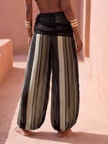 Zivah Elegant Women's Brown Striped Print Waist Pleated Design Bohemian Vacation Lantern Pants Cover Up, Suitable For Multiple Occasions - Multicolor - View 3