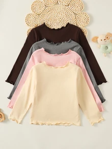SHEIN 女童波浪領蕾絲飾邊 T-shirt，可愛刺繡長袖上衣，親膚柔軟內搭層，隨機 4 件組 - 彩色 - 查看 3