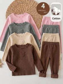 SHEIN 女童波浪領蕾絲飾邊 T-shirt，可愛刺繡長袖上衣，親膚柔軟內搭層，隨機 4 件組 - 彩色 - 查看 4
