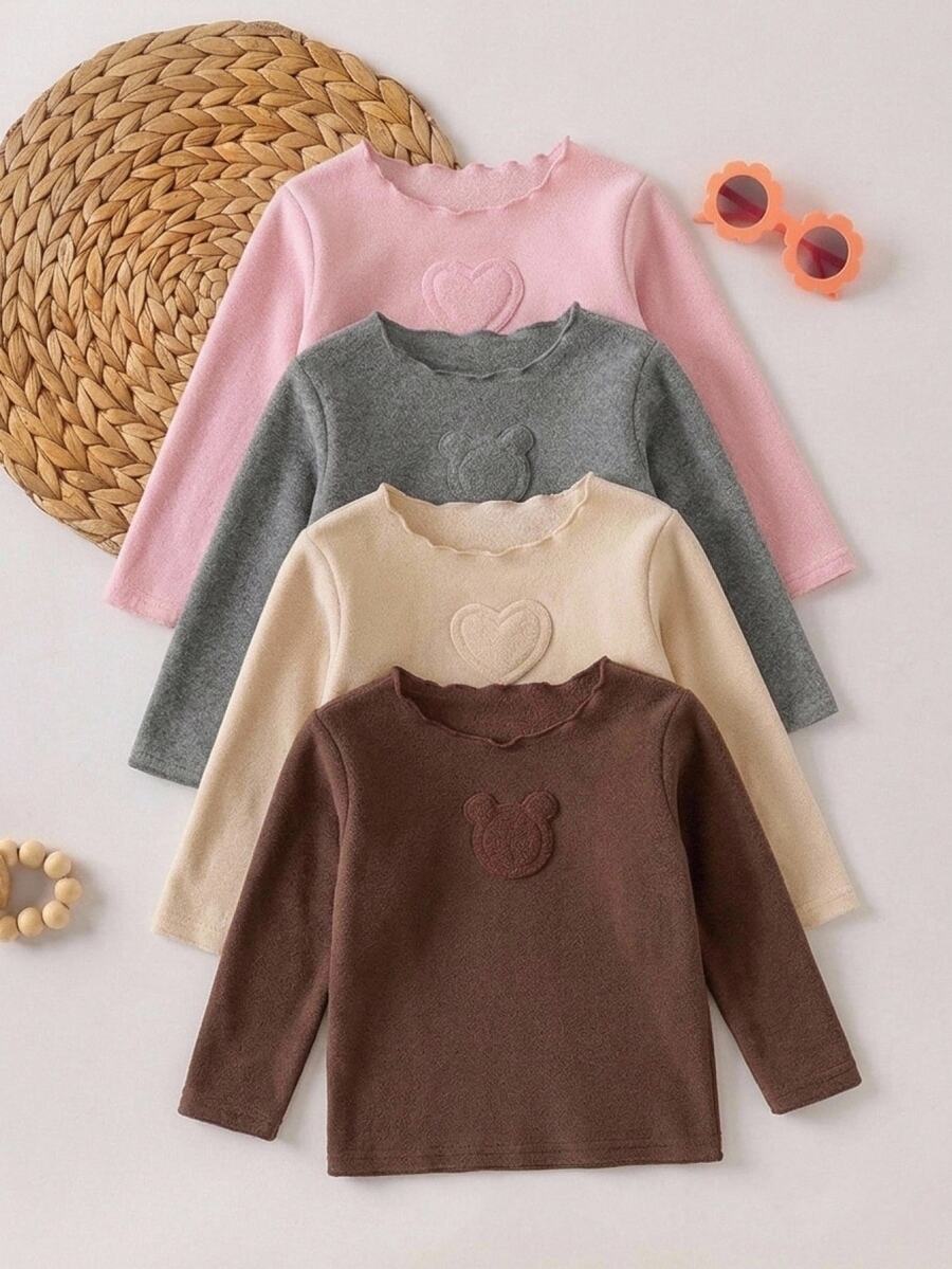 SHEIN 女童波浪領蕾絲飾邊 T-shirt,可愛刺繡長袖上衣,親膚柔軟內搭層,隨機 4 件組 - 彩色 - 查看 1