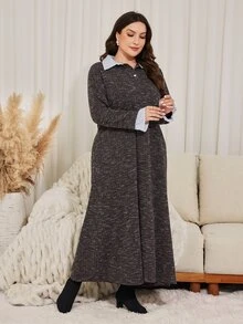 Lacomfia Casual Colorblock Polka Dot Collar Long Sleeve Loose Regular Fit Plus Size Dress For Spring And Autumn - Brown - View 4