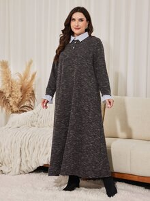 Lacomfia Casual Colorblock Polka Dot Collar Long Sleeve Loose Regular Fit Plus Size Dress For Spring And Autumn - Brown - View 5