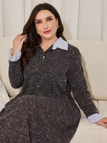 Lacomfia Casual Colorblock Polka Dot Collar Long Sleeve Loose Regular Fit Plus Size Dress For Spring And Autumn - Brown - View 1