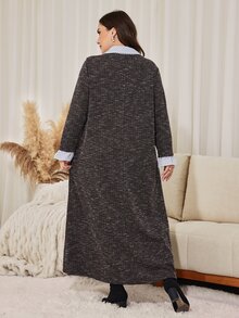 Lacomfia Casual Colorblock Polka Dot Collar Long Sleeve Loose Regular Fit Plus Size Dress For Spring And Autumn - Brown - View 2