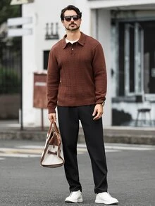 Marcello Vane 歐美新博主風時尚設計成熟休閒男士 Polo 休閒針織上衣，棕色針織上衣，適合辦公工作秋季穿著，最佳節日禮物 - 棕色 - 查看 4