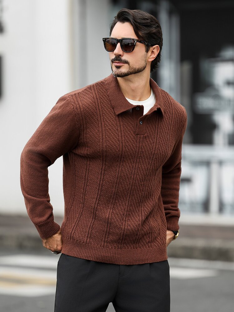 Marcello Vane European American New Blogger Style Fashionable Design Mature Casual Men's Polo Casual Sweater, Brown Knit Top Office Work Autumn, Best Holiday Gift - Brown - View 3