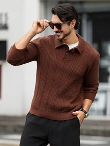 Marcello Vane 歐美新博主風時尚設計成熟休閒男士 Polo 休閒針織上衣，棕色針織上衣，適合辦公工作秋季穿著，最佳節日禮物 - 棕色 - 查看 7