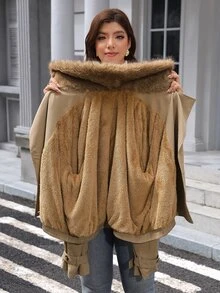 SHEIN LUNE Plus Size Women's Fur Collar Long Sleeve Double Breasted Casual Jacket Fall - Khaki - View 12