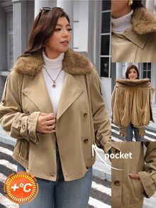 SHEIN LUNE Plus Size Women's Fur Collar Long Sleeve Double Breasted Casual Jacket Fall - Khaki - View 2