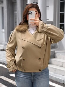SHEIN LUNE Plus Size Women's Fur Collar Long Sleeve Double Breasted Casual Jacket Fall - Khaki - View 3