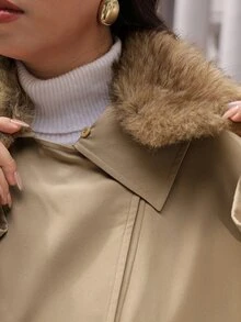 SHEIN LUNE Plus Size Women's Fur Collar Long Sleeve Double Breasted Casual Jacket Fall - Khaki - View 5