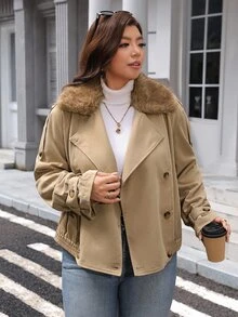 SHEIN LUNE Plus Size Women's Fur Collar Long Sleeve Double Breasted Casual Jacket Fall - Khaki - View 7