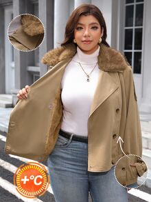 SHEIN LUNE Plus Size Women's Fur Collar Long Sleeve Double Breasted Casual Jacket Fall - Khaki - View 9
