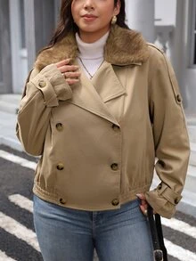 SHEIN LUNE Plus Size Women's Fur Collar Long Sleeve Double Breasted Casual Jacket Fall - Khaki - View 4