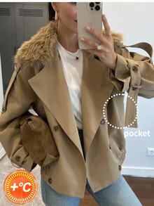 SHEIN LUNE Plus Size Women's Fur Collar Long Sleeve Double Breasted Casual Jacket Fall - Khaki - View 1