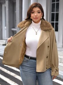 SHEIN LUNE Plus Size Women's Fur Collar Long Sleeve Double Breasted Casual Jacket Fall - Khaki - View 11