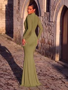 Aureia Elegant Romantic Minimalist Green High Elastic Knit Ruched Decor Slimming Train Bridesmaid Dress For Date, Vacation, Beach, Wedding Events, Bachelorette Party (Adult) - Olive Green - View 7