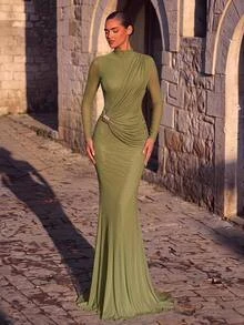 Aureia Elegant Romantic Minimalist Green High Elastic Knit Ruched Decor Slimming Train Bridesmaid Dress For Date, Vacation, Beach, Wedding Events, Bachelorette Party (Adult) - Olive Green - View 2