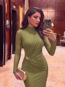 Aureia Elegant Romantic Minimalist Green High Elastic Knit Ruched Decor Slimming Train Bridesmaid Dress For Date, Vacation, Beach, Wedding Events, Bachelorette Party (Adult) - Olive Green - View 3
