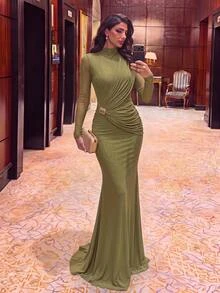 Aureia Elegant Romantic Minimalist Green High Elastic Knit Ruched Decor Slimming Train Bridesmaid Dress For Date, Vacation, Beach, Wedding Events, Bachelorette Party (Adult) - Olive Green - View 4