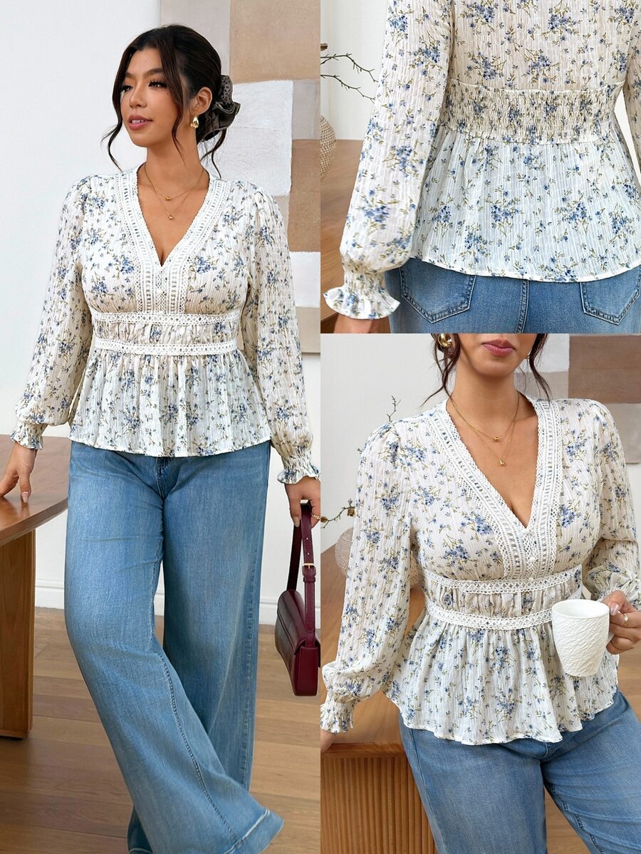 SHEIN Frenchy Plus Size Women's Vacation Casual V-Neck Lace Design Long Sleeve Blouse Fall - Multicolor - View 1