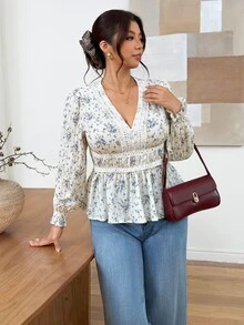 SHEIN Frenchy Plus Size Women's Vacation Casual V-Neck Lace Design Long Sleeve Blouse Fall - Multicolor - View 5