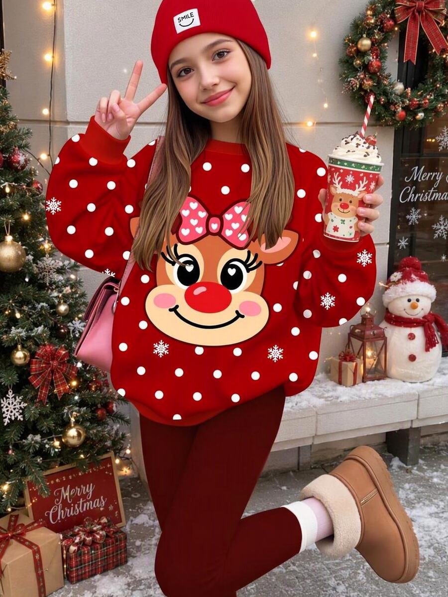 Tween Girls Casual Cute Fun Cartoon Christmas Reindeer Pattern, Polka Dot Snowflake, Christmas Red, Crew Neck Sweatshirt Elastic Waist Long Pants Set, Suitable For Autumn/Winter Fleece Lined, Fall Style, Fall Outfits, Fall Sets, Christmas - Multicolor - View 1