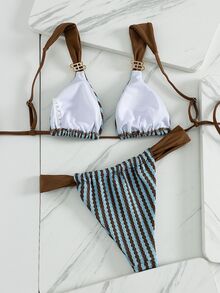 Swim Vcay Women's Spring/Summer Beach Striped Jacquard Fabric Color Block Metallic Accessories Wide Strap Thong Bikini Set - Cute Casual Style - Multicolor - View 2
