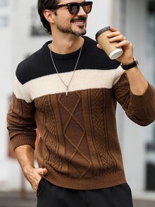 Marcello Vane 男士秋季拼色圓領長袖休閒毛衣 度假風 深棕色 - 棕色 - 查看 1