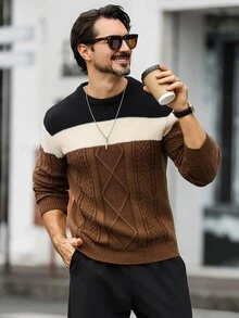 Marcello Vane 男士秋季拼色圓領長袖休閒毛衣 度假風 深棕色 - 棕色 - 查看 7