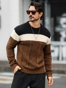 Marcello Vane 男士秋季拼色圓領長袖休閒毛衣 度假風 深棕色 - 棕色 - 查看 5