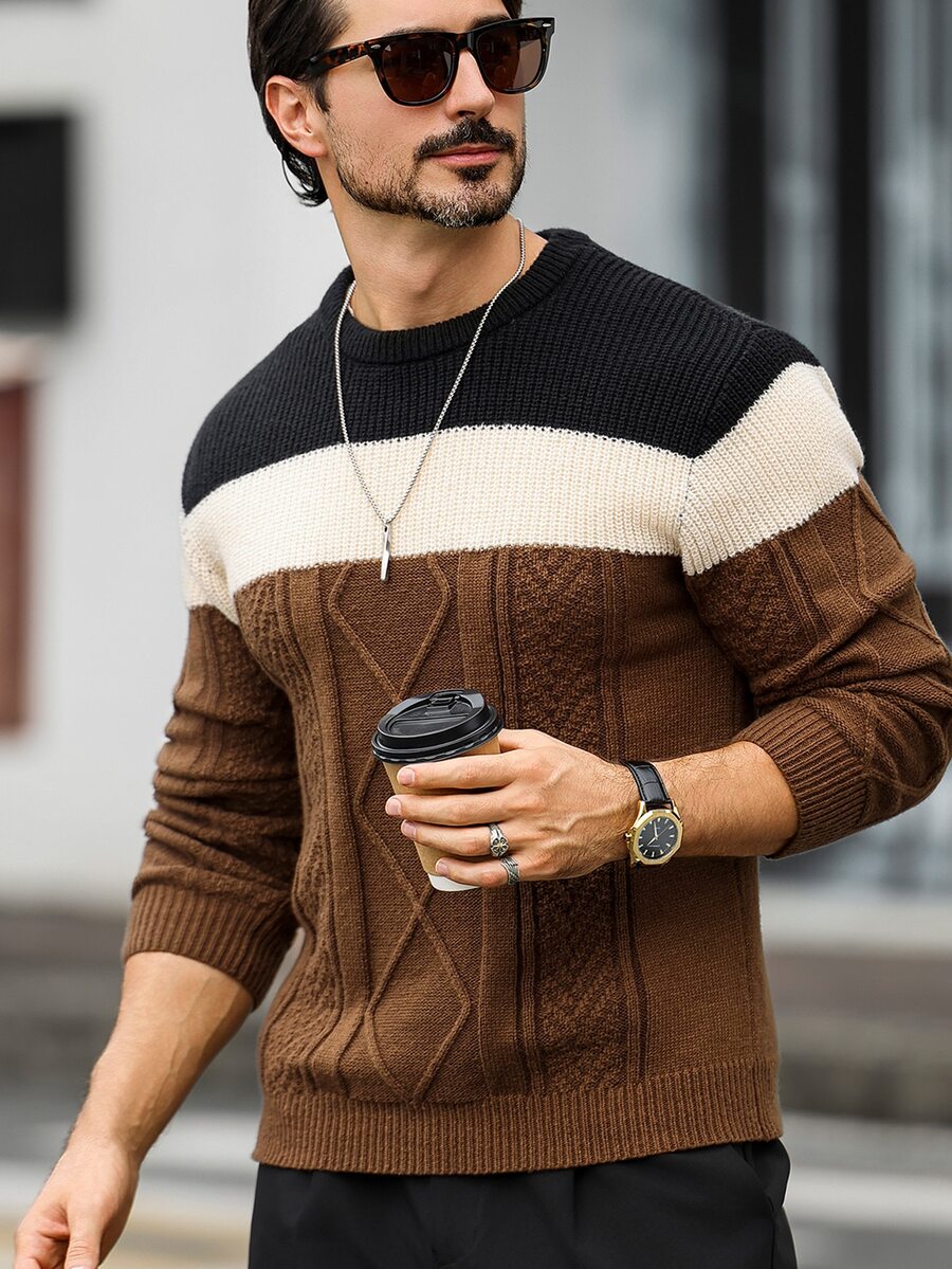 Marcello Vane Men's Autumn/Winter Colorblock Crew Neck Long Sleeve Casual Sweater, Brown Panel, Old Money - Brown - View 1