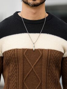 Marcello Vane 男士秋季拼色圓領長袖休閒毛衣 度假風 深棕色 - 棕色 - 查看 3