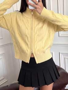 CHAOSSORY CHAOSSORY Women's Fashion Casual Preppy Twist Knit Zip-Up Cardigan Brunch School Light Yellow Autumn - Yellow - View 3
