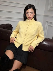 CHAOSSORY CHAOSSORY Women's Fashion Casual Preppy Twist Knit Zip-Up Cardigan Brunch School Light Yellow Autumn - Yellow - View 4