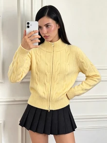 CHAOSSORY CHAOSSORY Women's Fashion Casual Preppy Twist Knit Zip-Up Cardigan Brunch School Light Yellow Autumn - Yellow - View 1